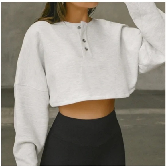 Joah Brown Tops - Joah Brown Henley Crop Sweatshirt Pearl Grey French Terry S